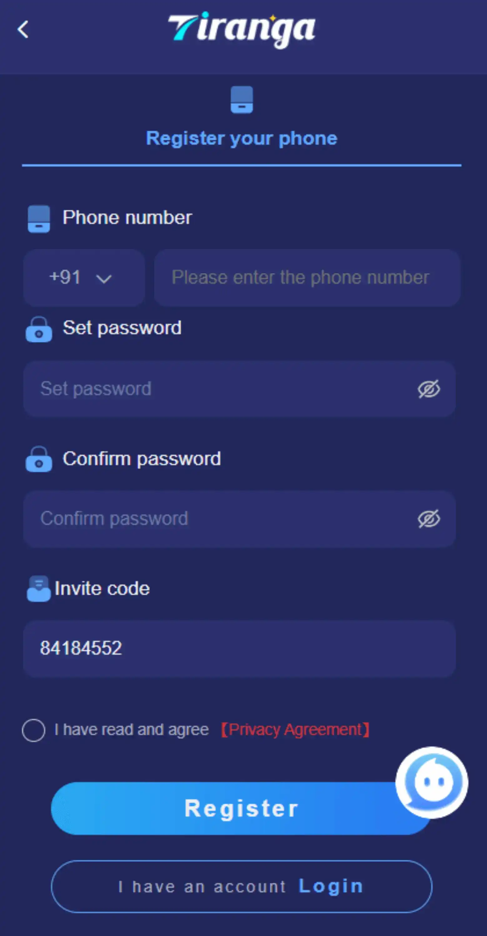 Tiranga Registration Screen